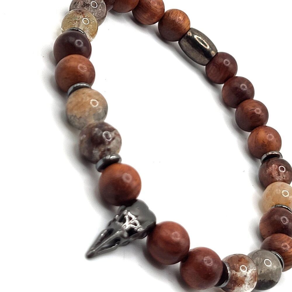 Healing Bead Bracelet Crow with Rhinestone Eyes Wood Agate Hematite Crystal 7.5"